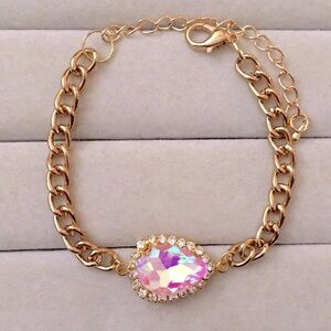 Pink Aurora Borealis + Gold Chain Pear Crystal Halo Tennis Bracelet